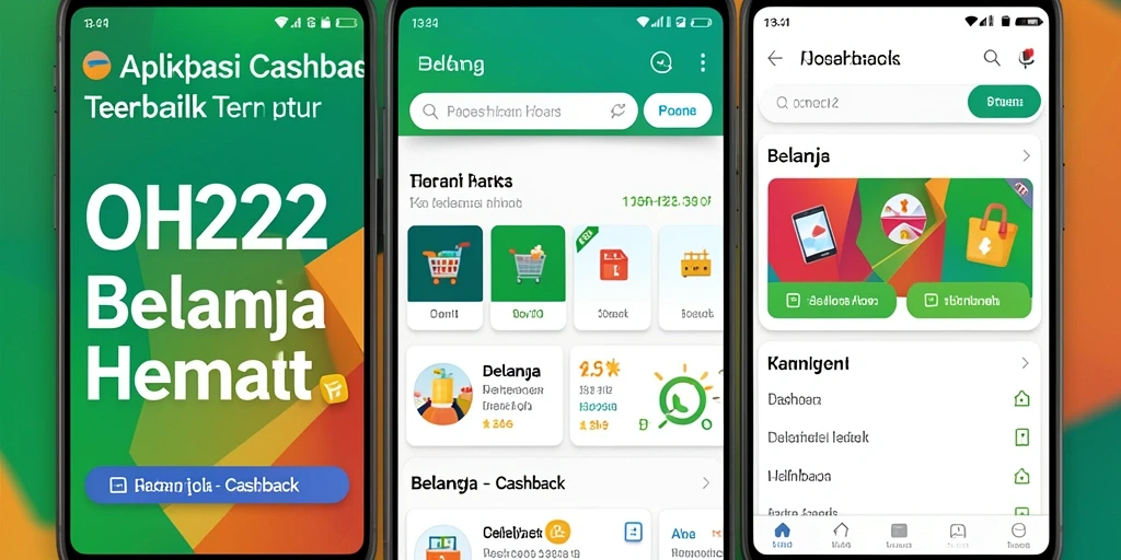 Tampilan antarmuka aplikasi OH222 dengan berbagai fungsi Cashback.