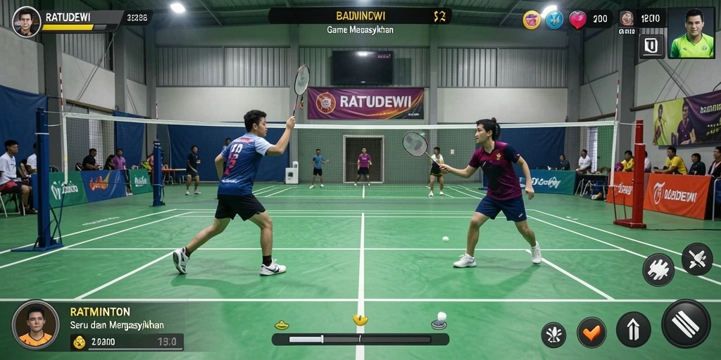 Screenshot antarmuka RATUDEWI menampilkan aksi badminton yang seru.