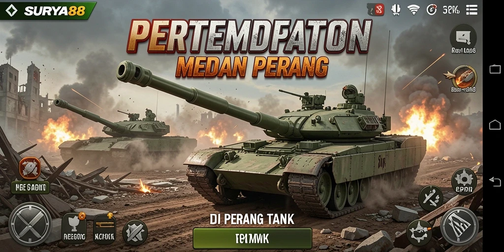 Tampilan antarmuka SURYA88 dengan berbagai pilihan tank dan strategi pertempuran.